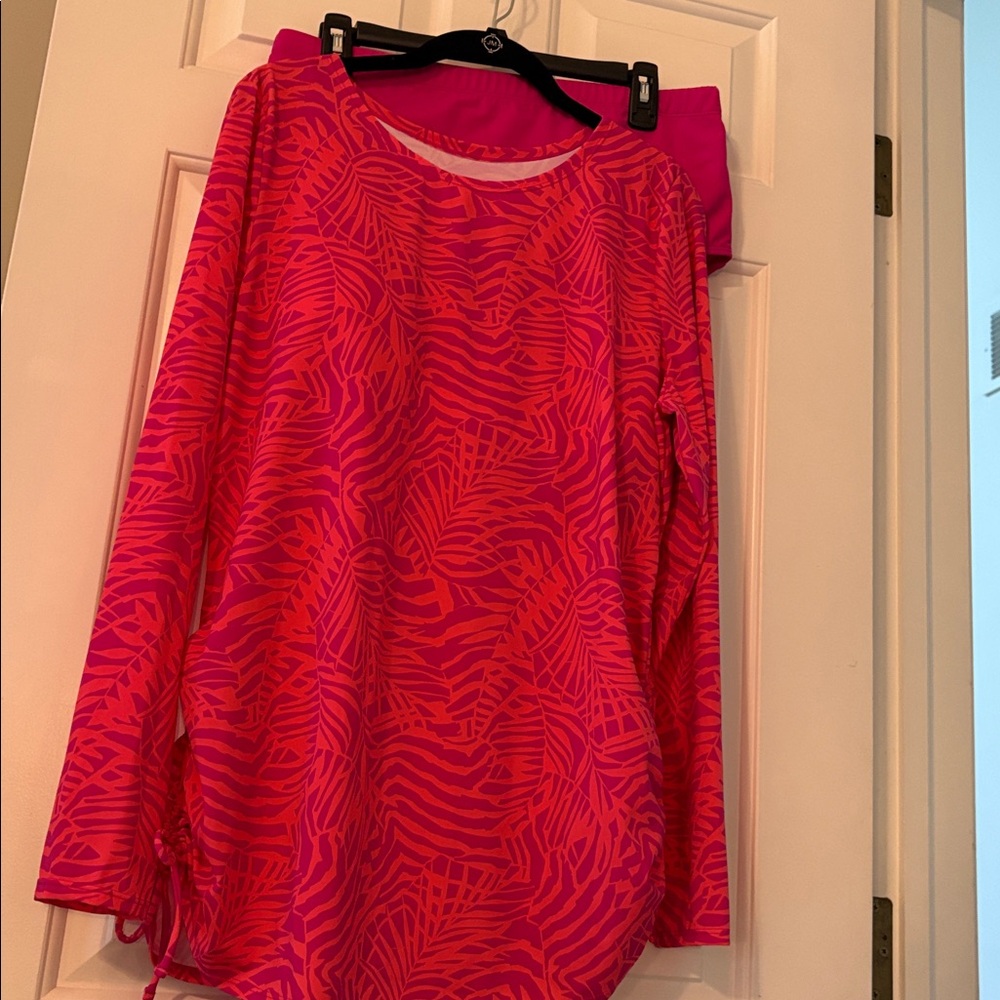 Vibrant Pink Patterned Long Sleeve Swim Tee with matching bikini bottom